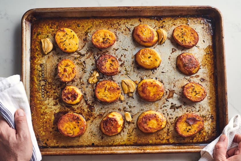 potatoes finished on a baking sheet, golden brown