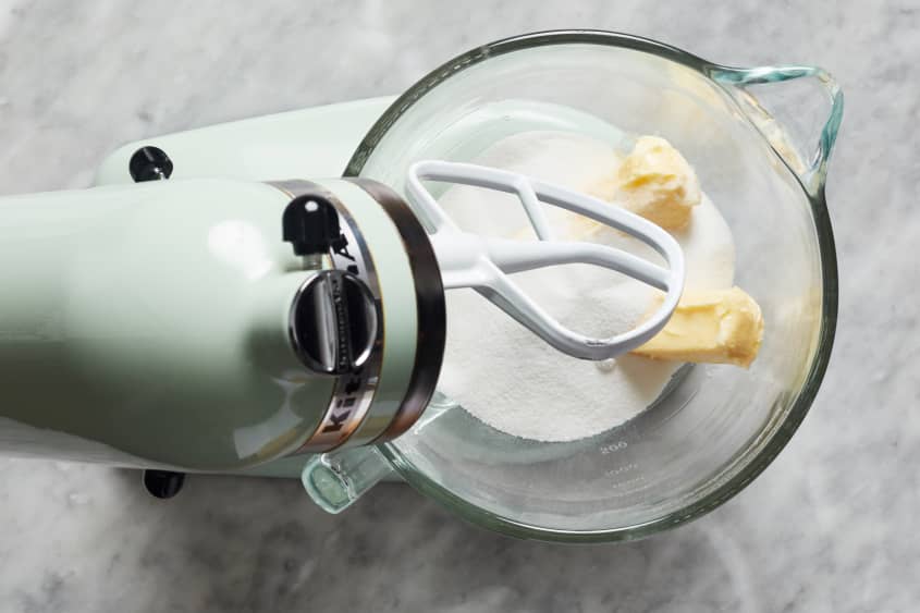 stand mixer with butter and sugar in it