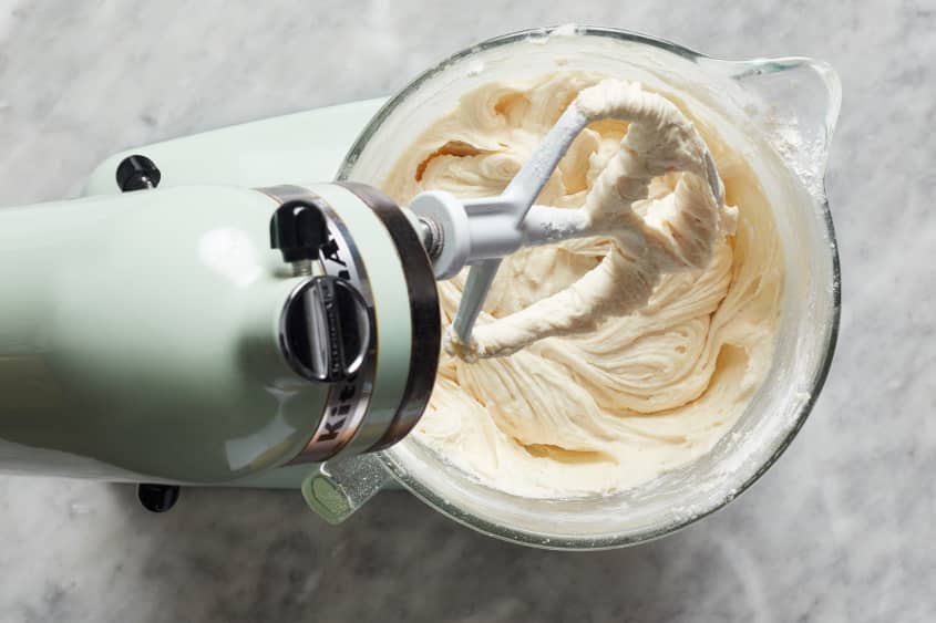 stand mixer with cake batter in it
