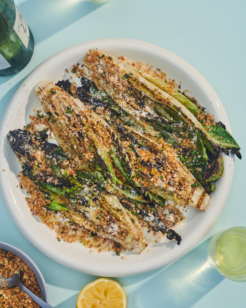 Grilled romaine salad plated.