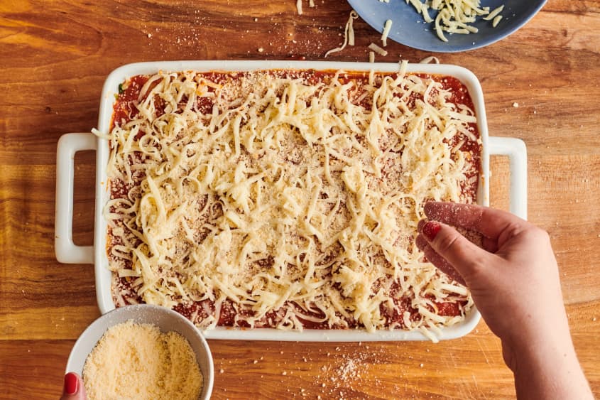 Parmesan sprinkled on lasagna.
