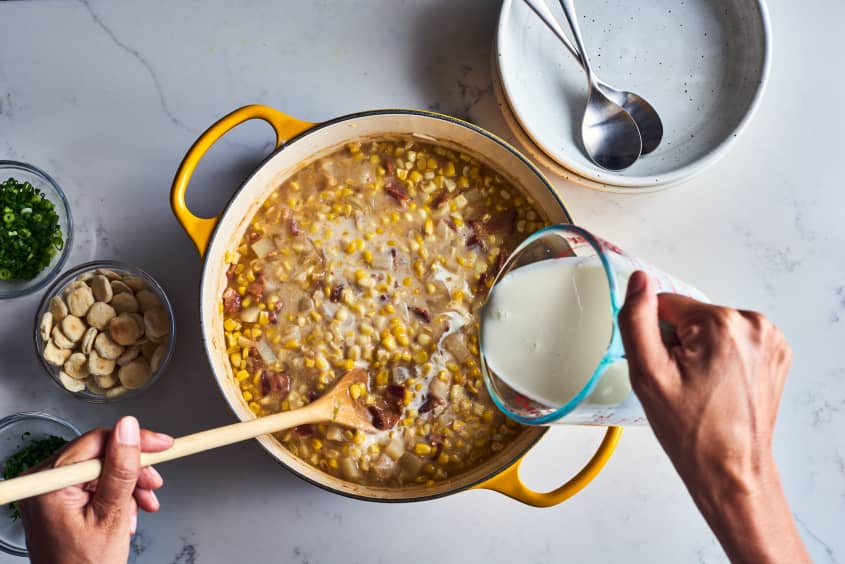 corn chowder in pot