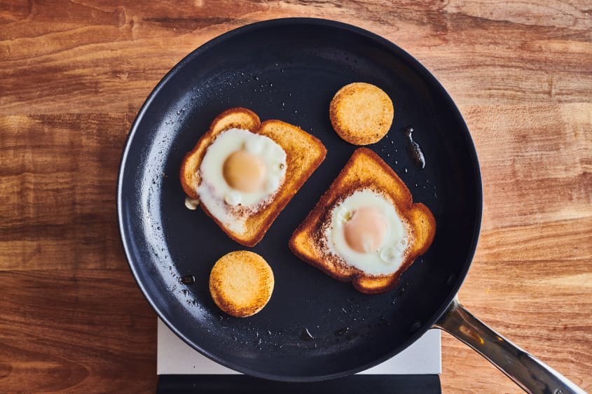 eggs in a basket in cast iron pan