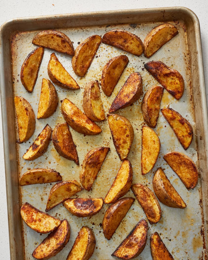 Oven-roasted steak fries on a sheet pan