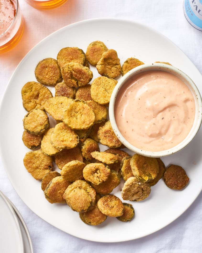 Oven-fried pickles, served with mayo dipping sauce