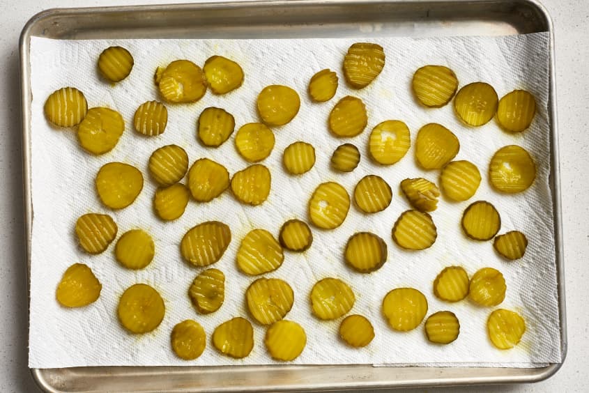 Pickles on a baking sheet