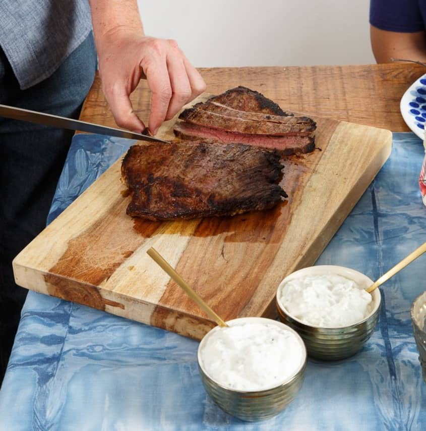 Recipe Flank Steak with YogurtHorseradish Sauce and Blue Cheese Sauce