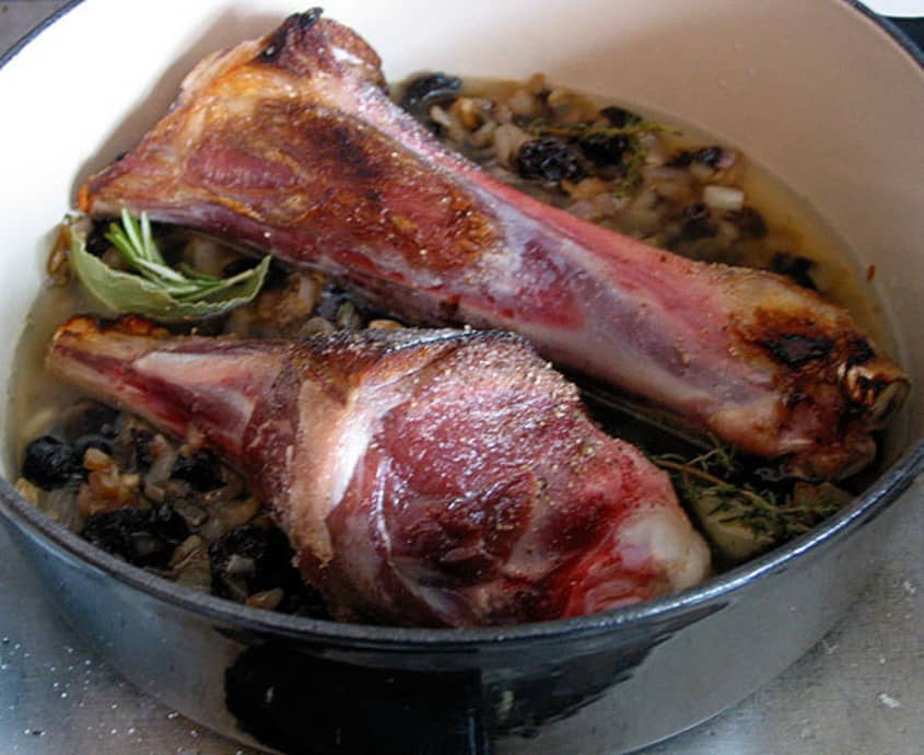Recipe Braised Goat Shanks with Prune, Shallot, and Brandy Reduction