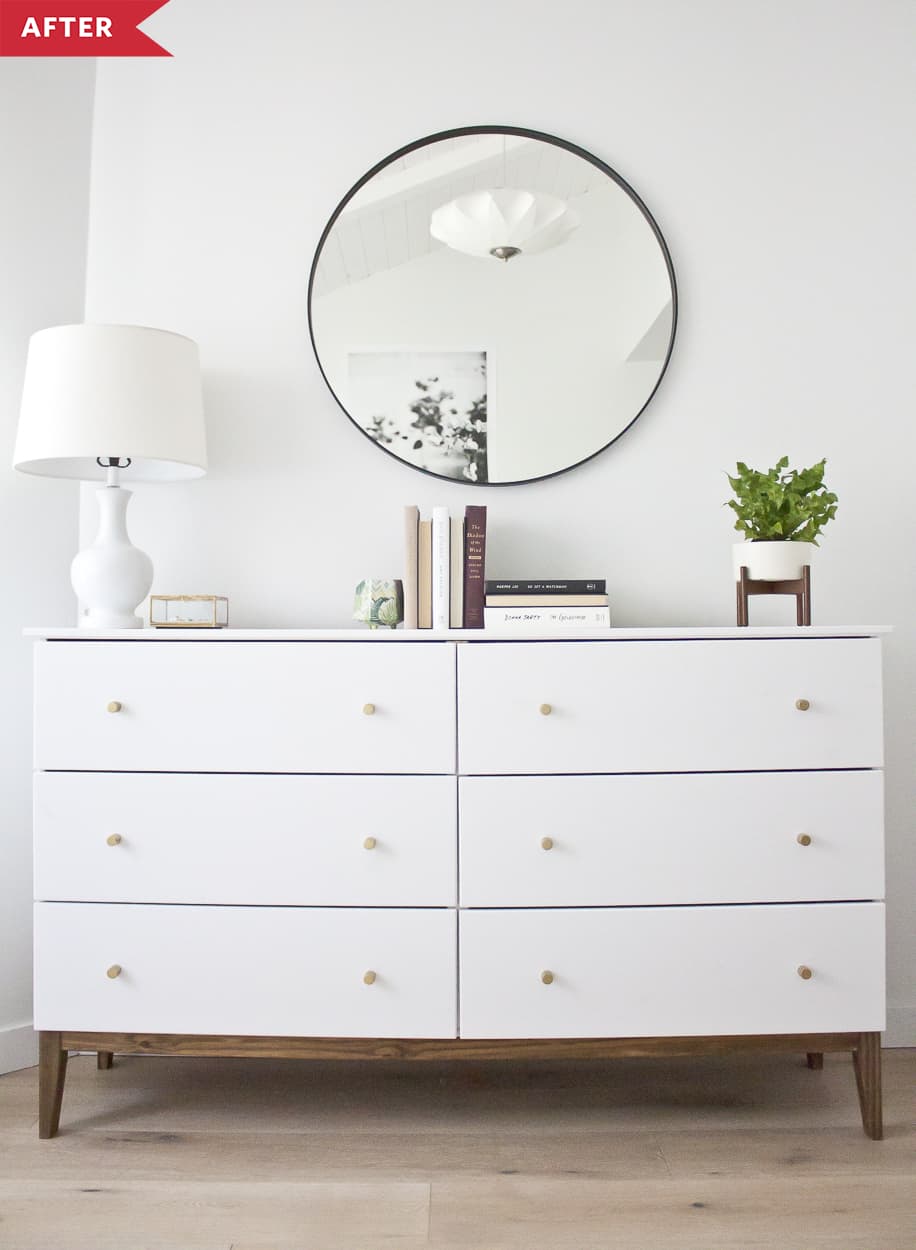 After: IKEA TARVA six-drawer dresser painted white with stained wood legs