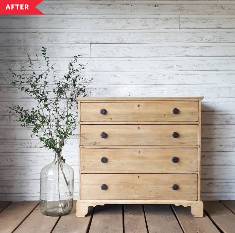 After: Light wood four-drawer dresser with dark knobs