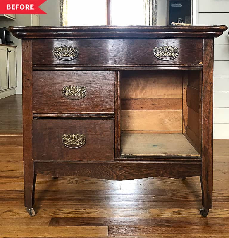 Before: Brown dresser missing door