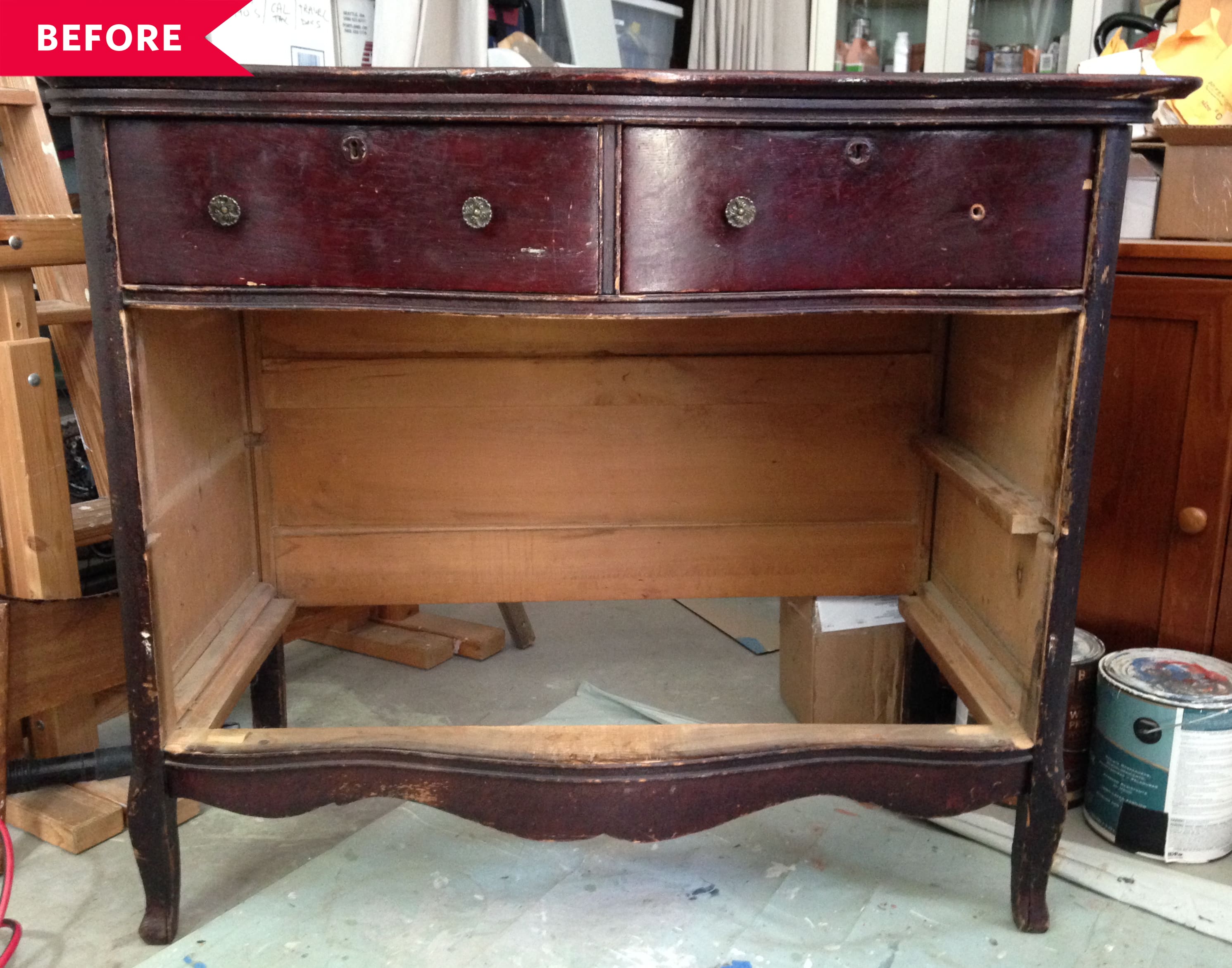 Before: Wood dresser with dark, shiny finish