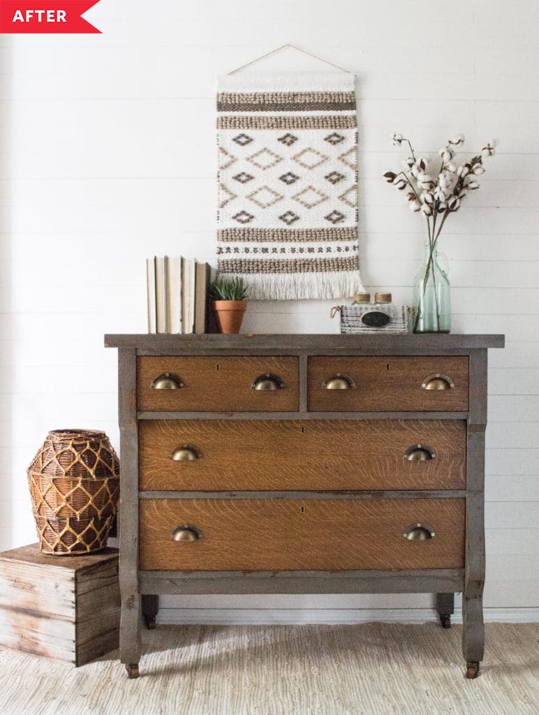 After:  Dresser with brown stained drawers and gray stained frame and brass bin pulls