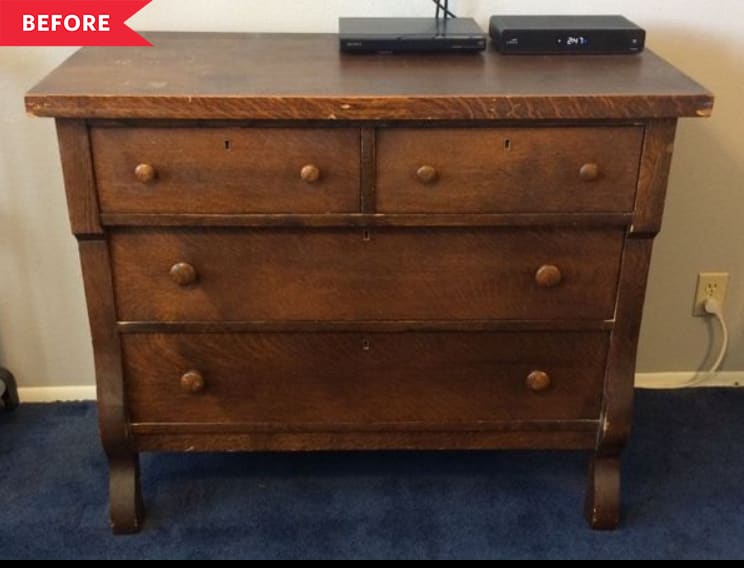 Before: Brown wood dresser with wood knobs