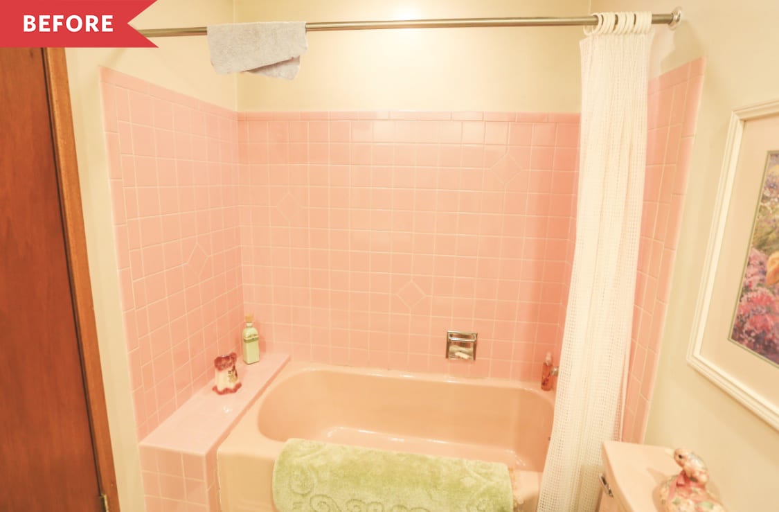 以前:复古浴室，粉色浴缸和瓷砖