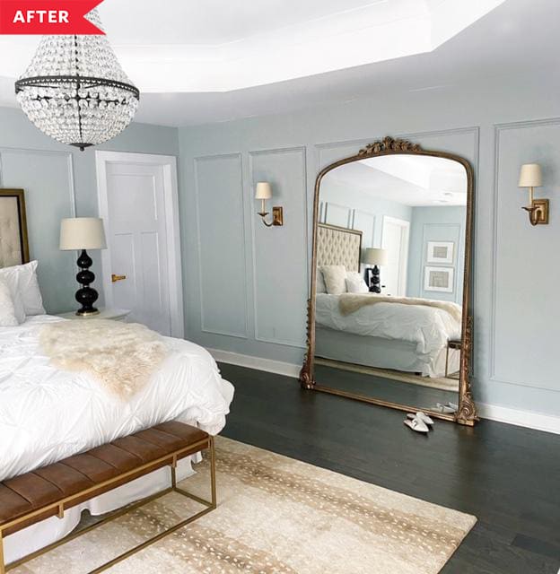 之后:灰蓝色的卧室，配有画框线条，硬木地板，和巨大的落地镜子