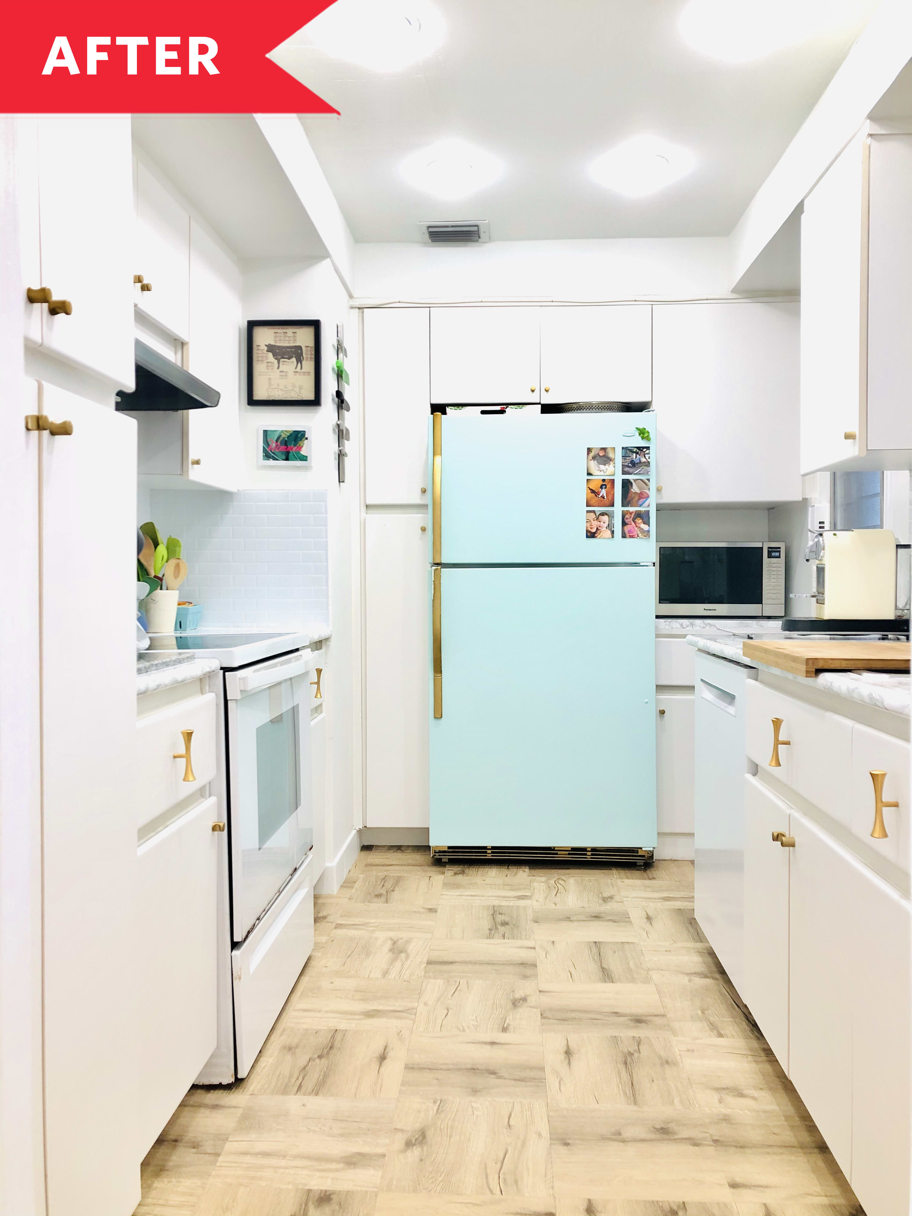 After: Kitchen with white cabinets and light blue fridge