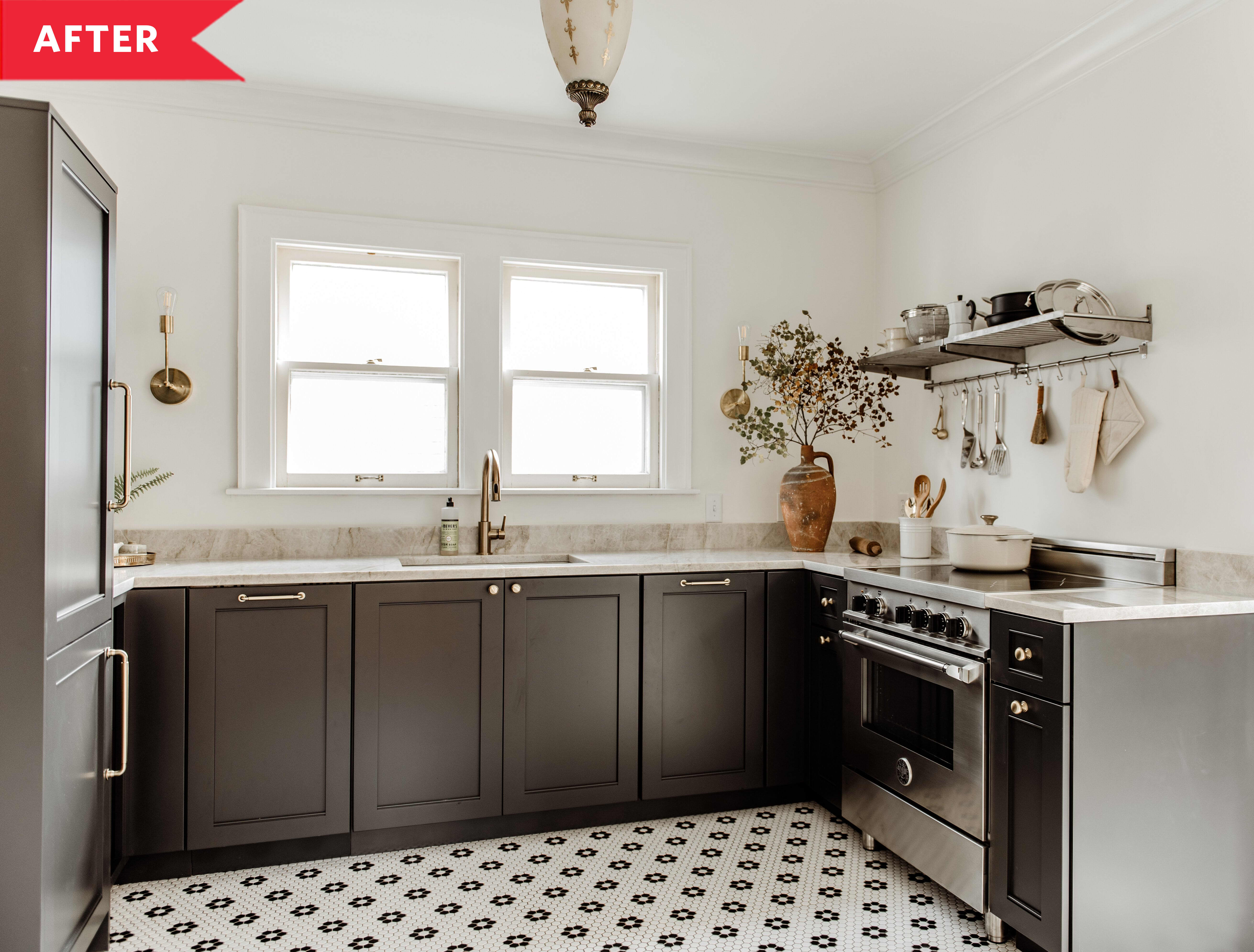 After: Bright, modern farmhouse-style kitchen with black and white tile floors