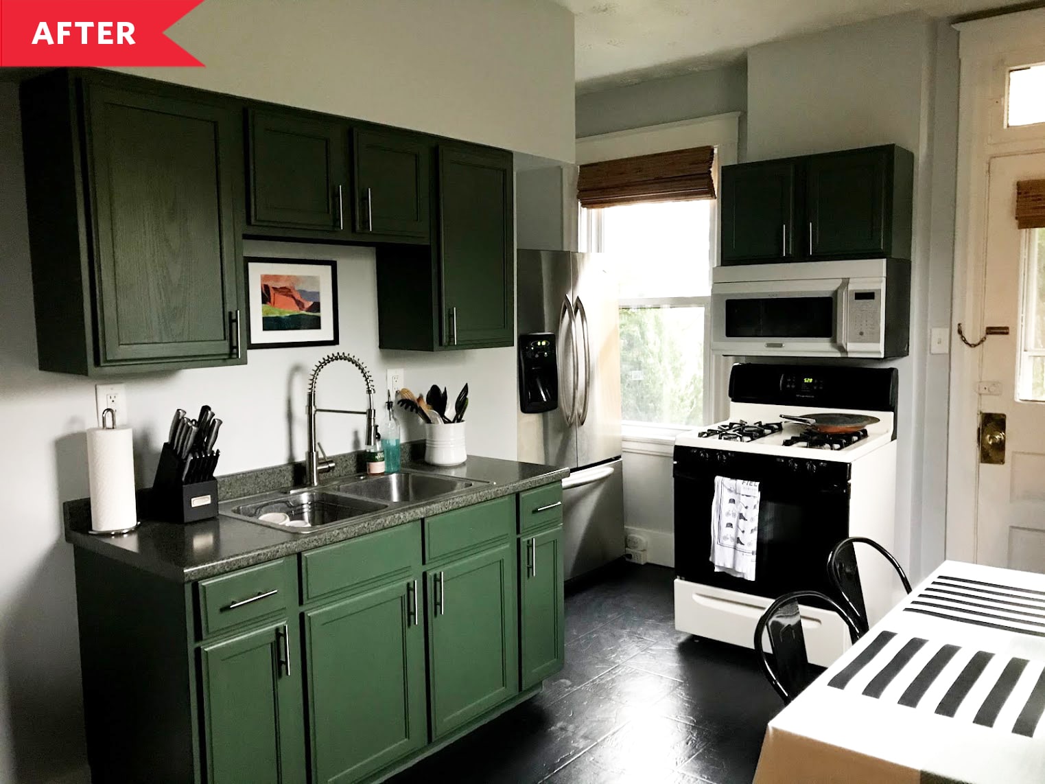 After: Kitchen with cabinets painted emerald green