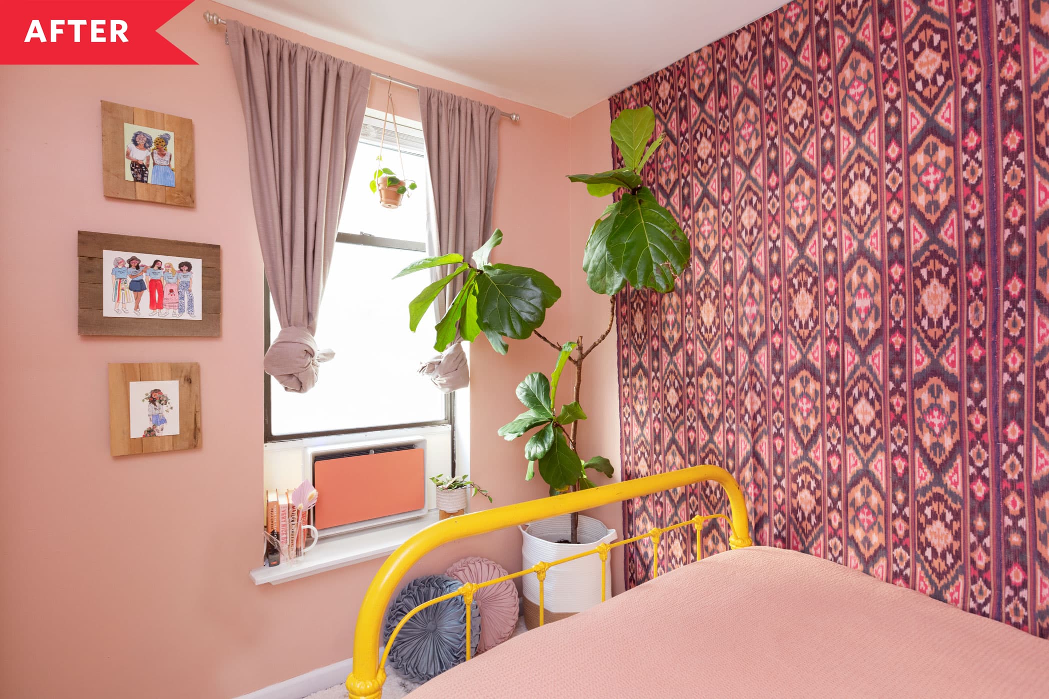 之后:粉红色的卧室，粉红色的窗帘和带有粉红色西南主题的墙