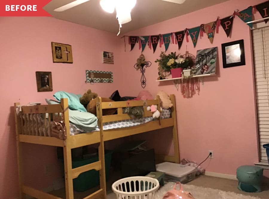 以前:有高架床、粉红色墙壁和花环的儿童卧室