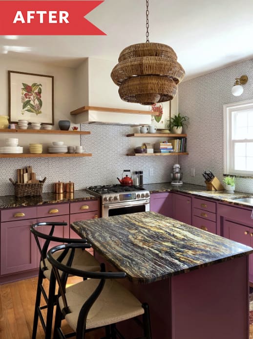kitchen after renovation purple cabinets woven light fixture