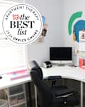 White desk with black office chair. Seal in upper left reads: "Apartment Therapy The Best List 2024 Office Chairs"