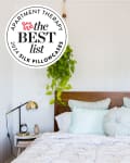 Image of bed with lots of pillows, white shiplap wall, hanging plant. Seal in upper left corner reads "Apartment Therapy The Best List 2024 Silk Pillowcases"