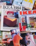 Collage of vintage IKEA catalog covers featuring various room setups, furniture, and decor styles from different years.