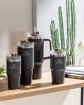 Four Stanley tumblers on a wooden table with plants, books, and a cactus in the background.