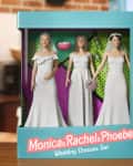 Three dolls in wedding dresses with bouquets in a colorful box labeled "Monica & Rachel & Phoebe Wedding Dresses Set."
