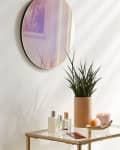 Round mirror reflecting art, potted plant, perfumes, candle, and crystals on a glass table.