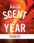 Febreze Air Ember spray with vibrant red and orange marbled background, labeled "Scent of the Year."