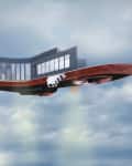 Futuristic flying house with large windows and propellers, hovering in a cloudy sky.