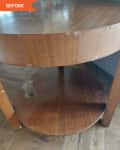 Damaged wood round side table before DIY transformation