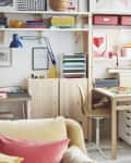 Craft room with IKEA shelves and drawers