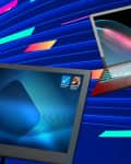 Computer monitor, laptop, and printer with vibrant digital wave patterns on screens against a dynamic blue background.