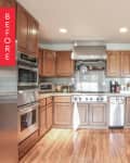 Spacious kitchen with wooden cabinets, stainless steel appliances, and hardwood floors, labeled "Before" in red.