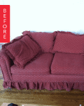 Red patterned sofa with ruffled skirt and three cushions, labeled "Before."