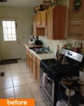 Narrow kitchen with wooden cabinets, white countertops, gas stove, and a door leading outside.