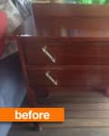 Wooden dresser with two drawers and metal handles on a porch, labeled "before" in orange.