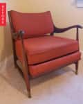 Mid-century modern armchair with red upholstery and wooden frame, labeled "Before."