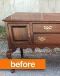 Wooden sideboard with ornate brass handles and cabriole legs, labeled "before."
