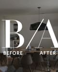 Dining room with wooden table, six chairs, pendant light, and wall art. Text overlay: "Before/After."