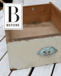 Old wooden drawer with a distressed turquoise handle on a white wooden surface, labeled "Before."