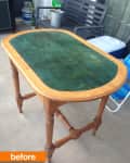 Wooden table with green felt top on a patio, labeled "before," near a bench and cooler.