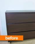 Dark brown six-drawer dresser on beige carpet with "before" label.