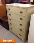 Beige wooden dresser with five drawers and brown handles, labeled "before."