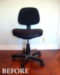 Black office chair with wheels on a wooden floor, labeled "Before."