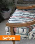 Striped armchair with wooden frame in a living room, labeled "before."